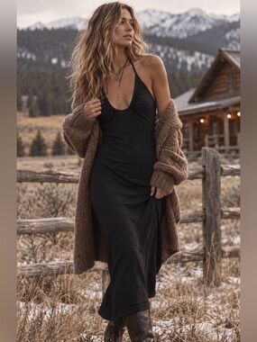 Free People Black Honey Sweater Midi Dress Large NEW W/O TAGS